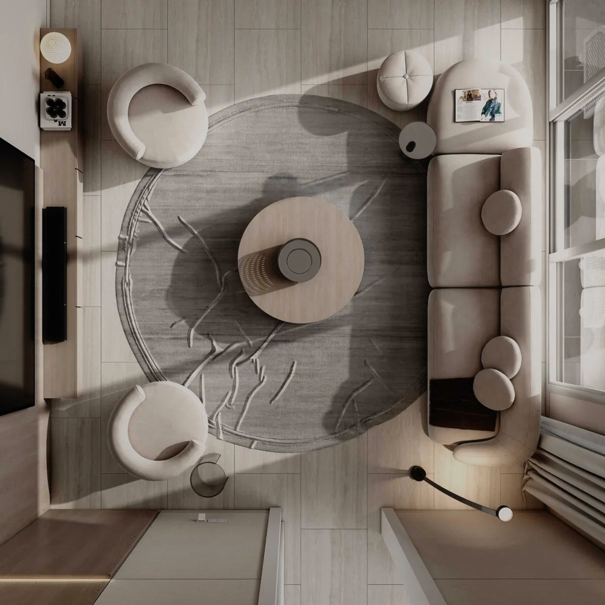 Living area from above, architectural rendering