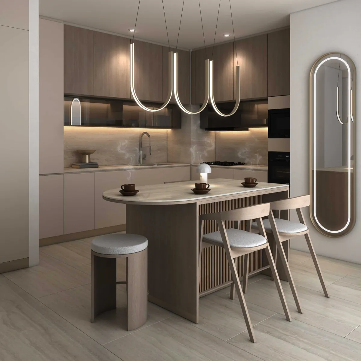 Kitchen with island, architectural rendering